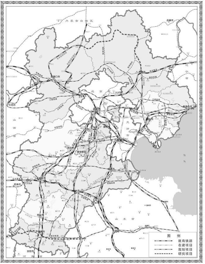 京津冀地区铁路网络规划示意图北京周边密集成网。